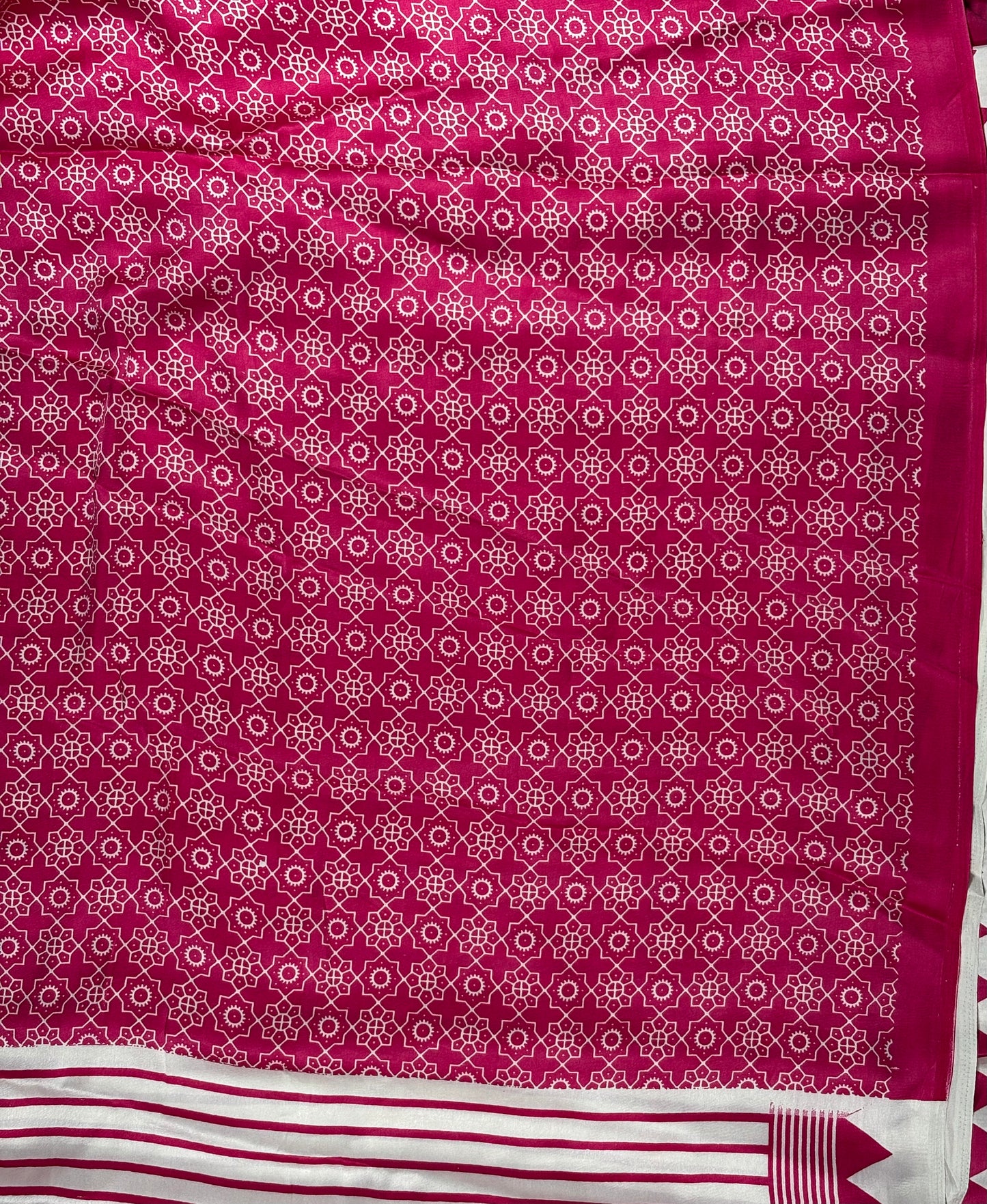 Magenta & White Geometric Print Ajrak Silk Saree with Temple Border