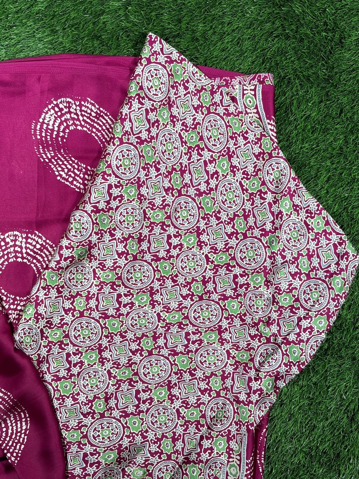 Deep Purple Ajrak Silk Saree with Abstract Circle Motifs & Floral Pallu
