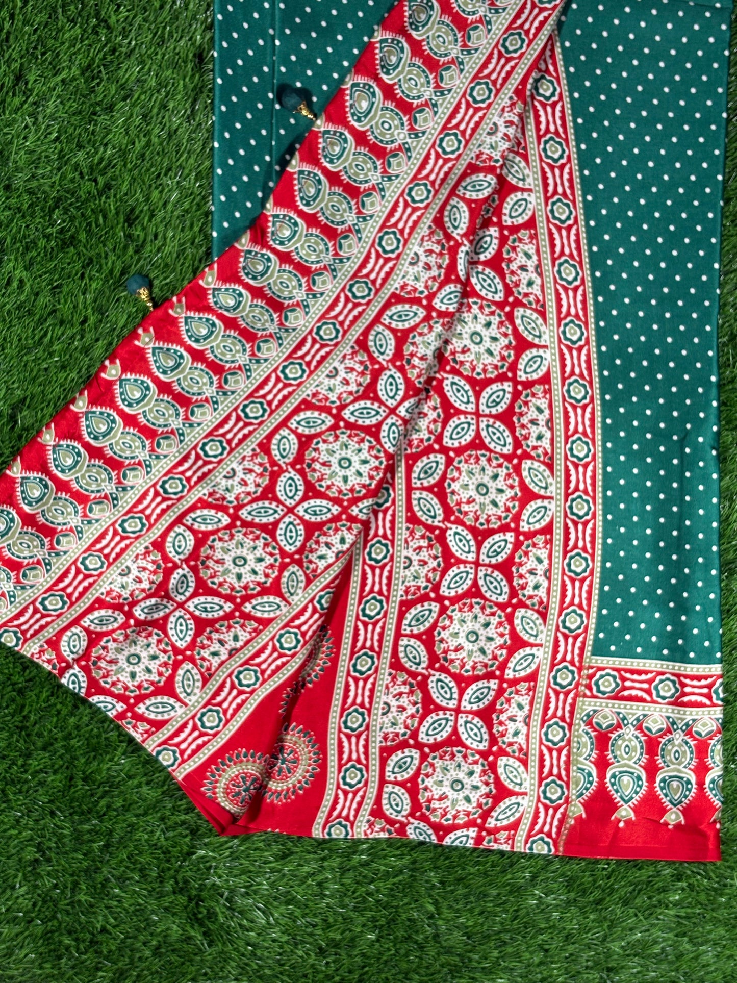 Bottle Green & Red Ajrak Silk Saree with Polka Dots