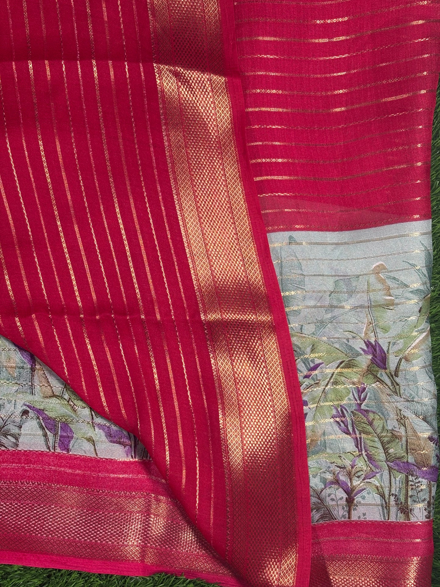 Flowy Chiffon Crape Saree with Gold Zari Stripes & Tropical Print