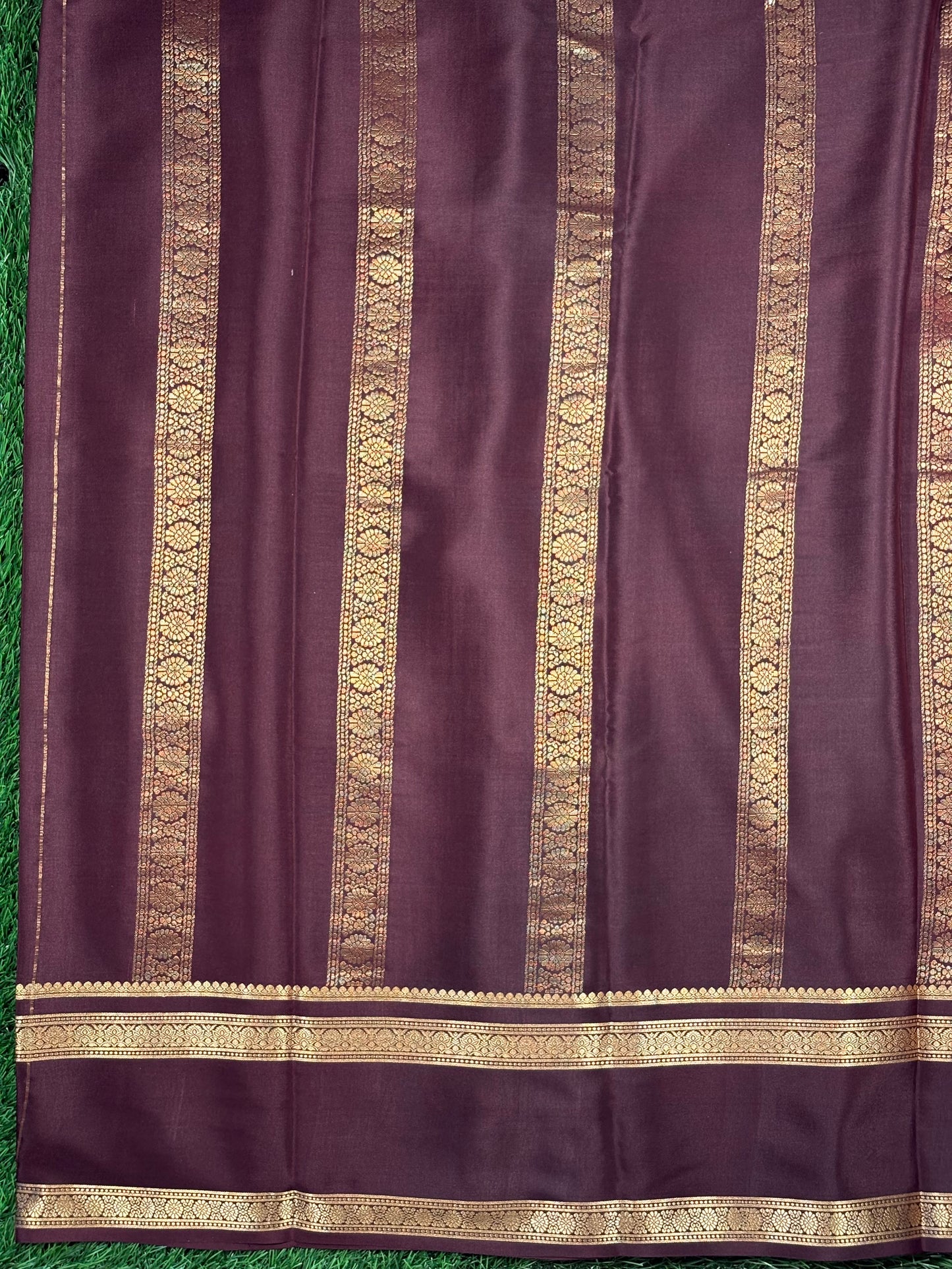 Pure Mysore Silk Saree with Gold Zari Checks & Contrast Border