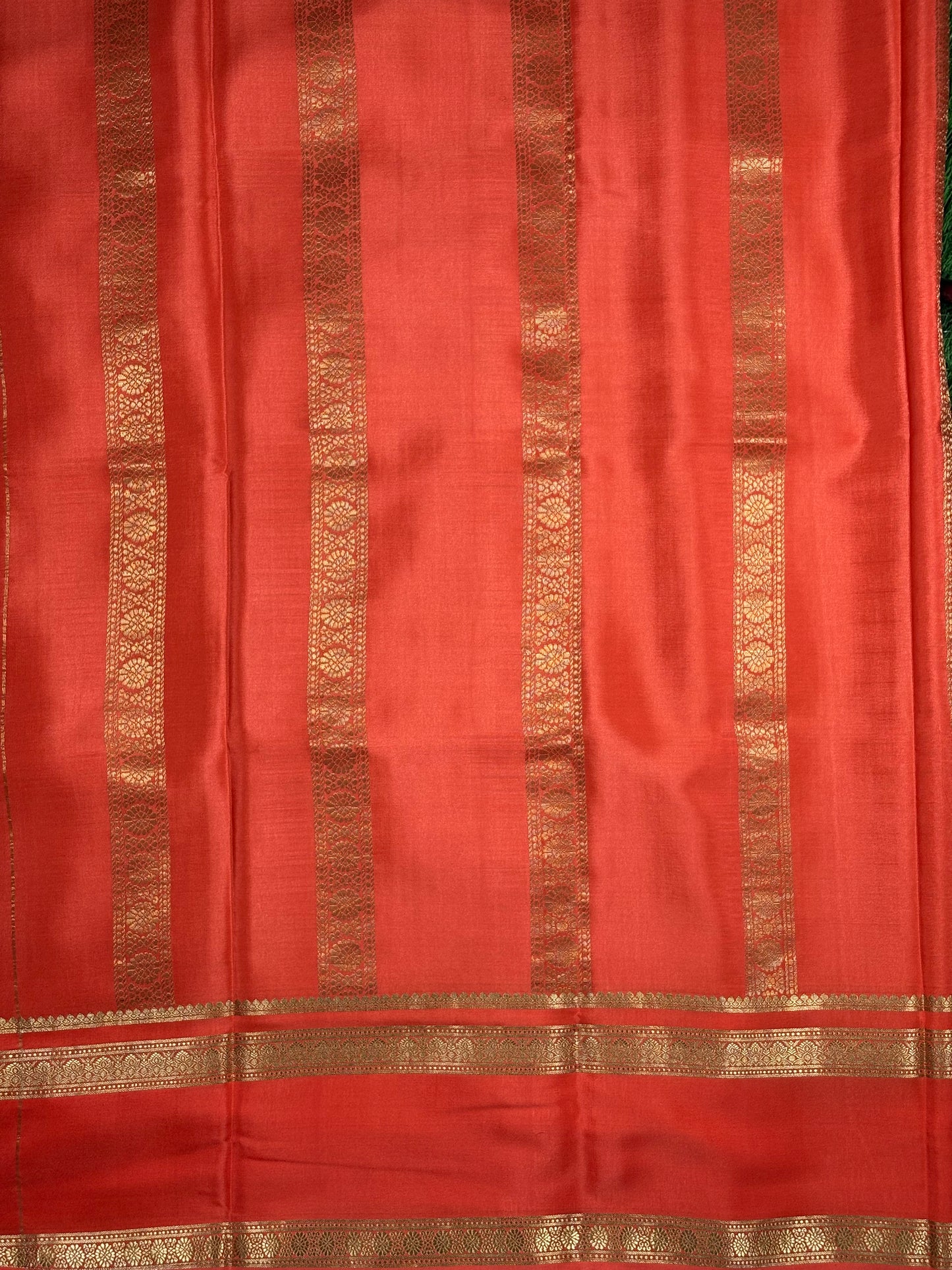 Pure Mysore Silk Saree in Bottle Green & Coral Red with Gold Zari Checks