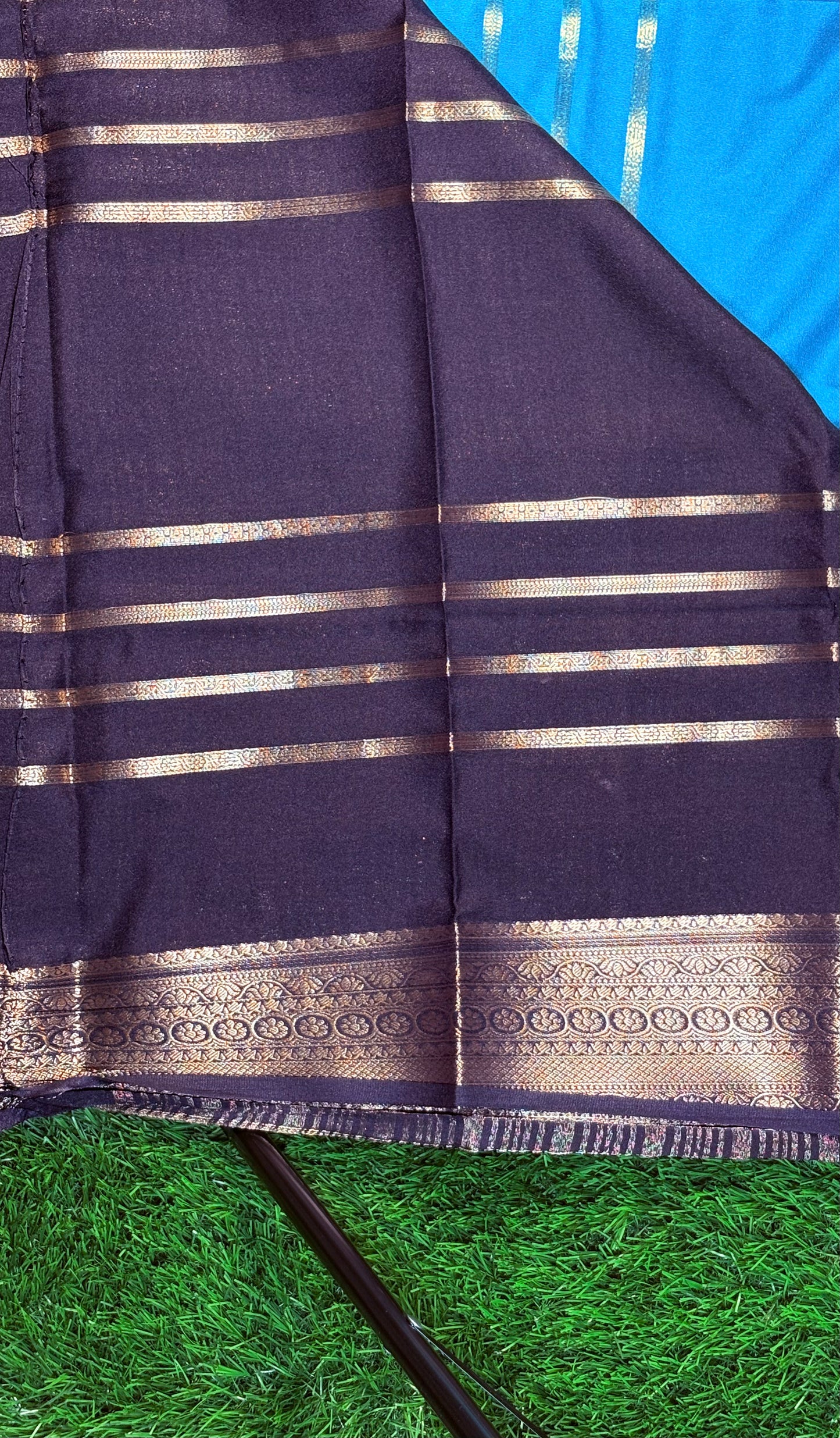 Semi Mysore Silk Saree with Gold Zari Stripes | Sky Blue & Navy Blue