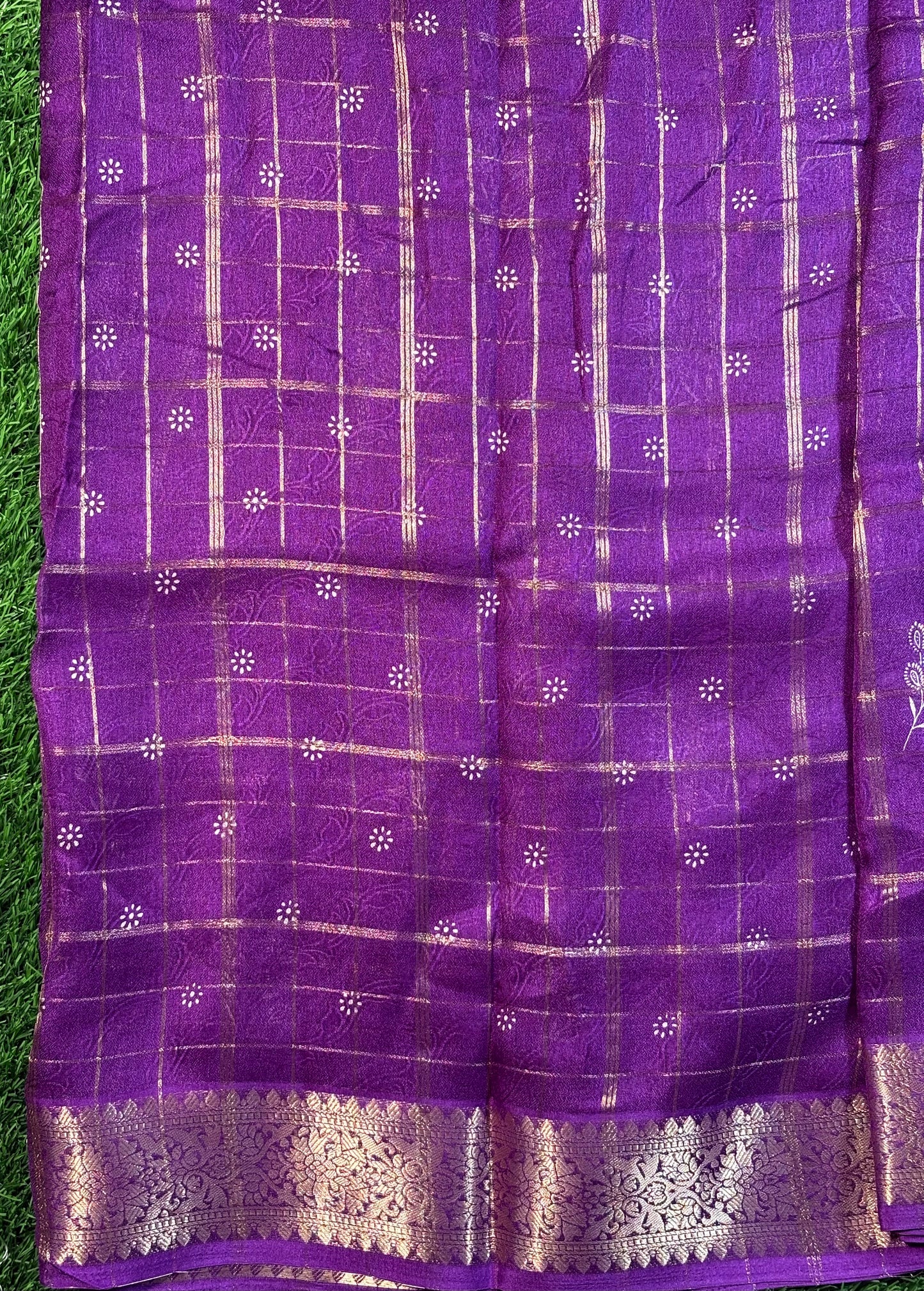 Chiffon Designer Saree in Deep Purple with Zari Checks & Floral Buttas