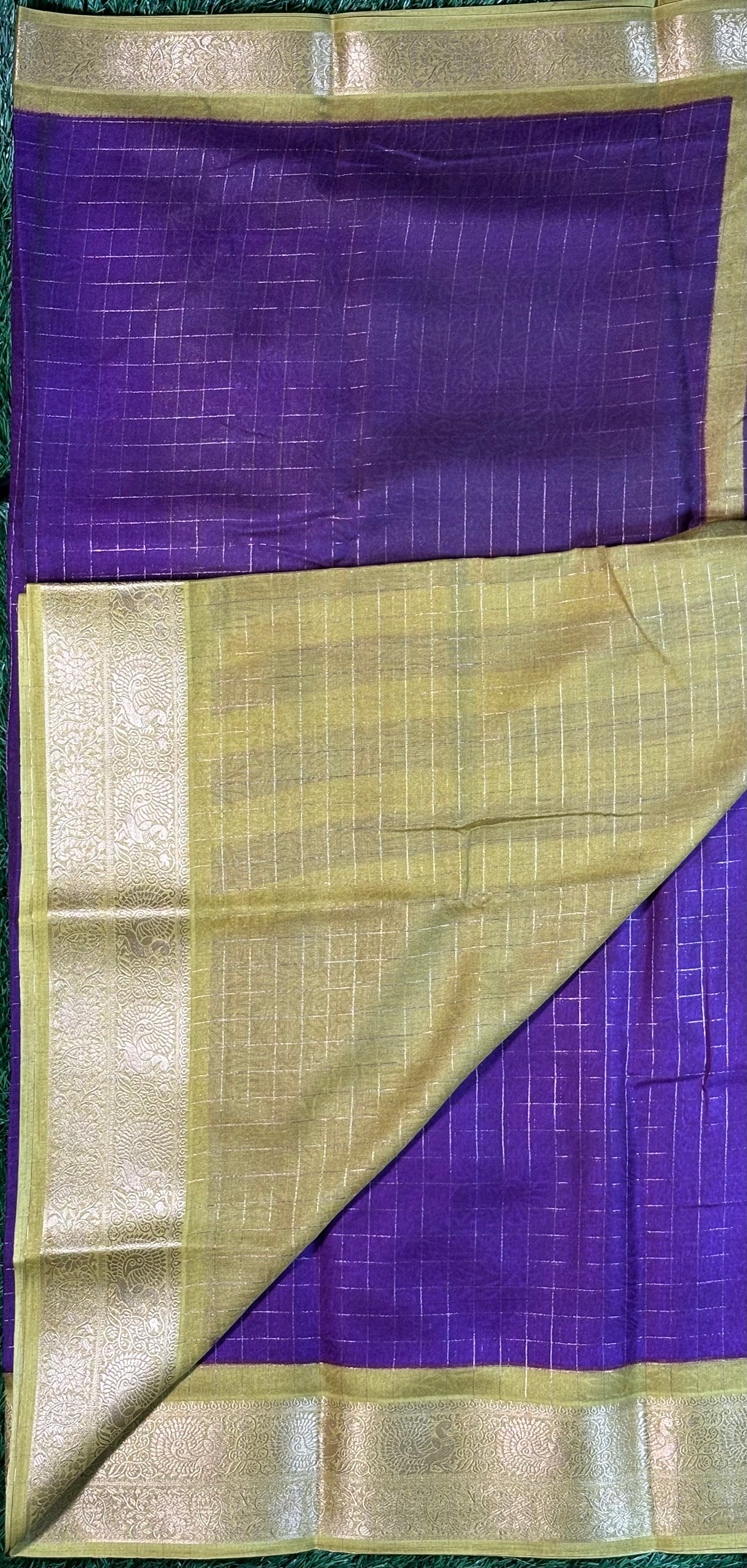 Purple Crepe designer Saree with Gold Zari Checks & Peacock Border