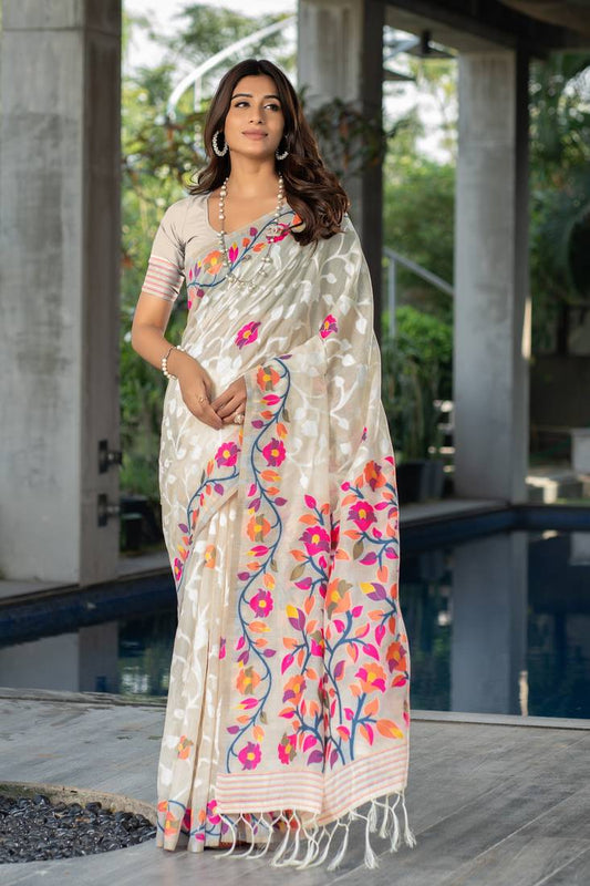 White floral design jamdaani saree