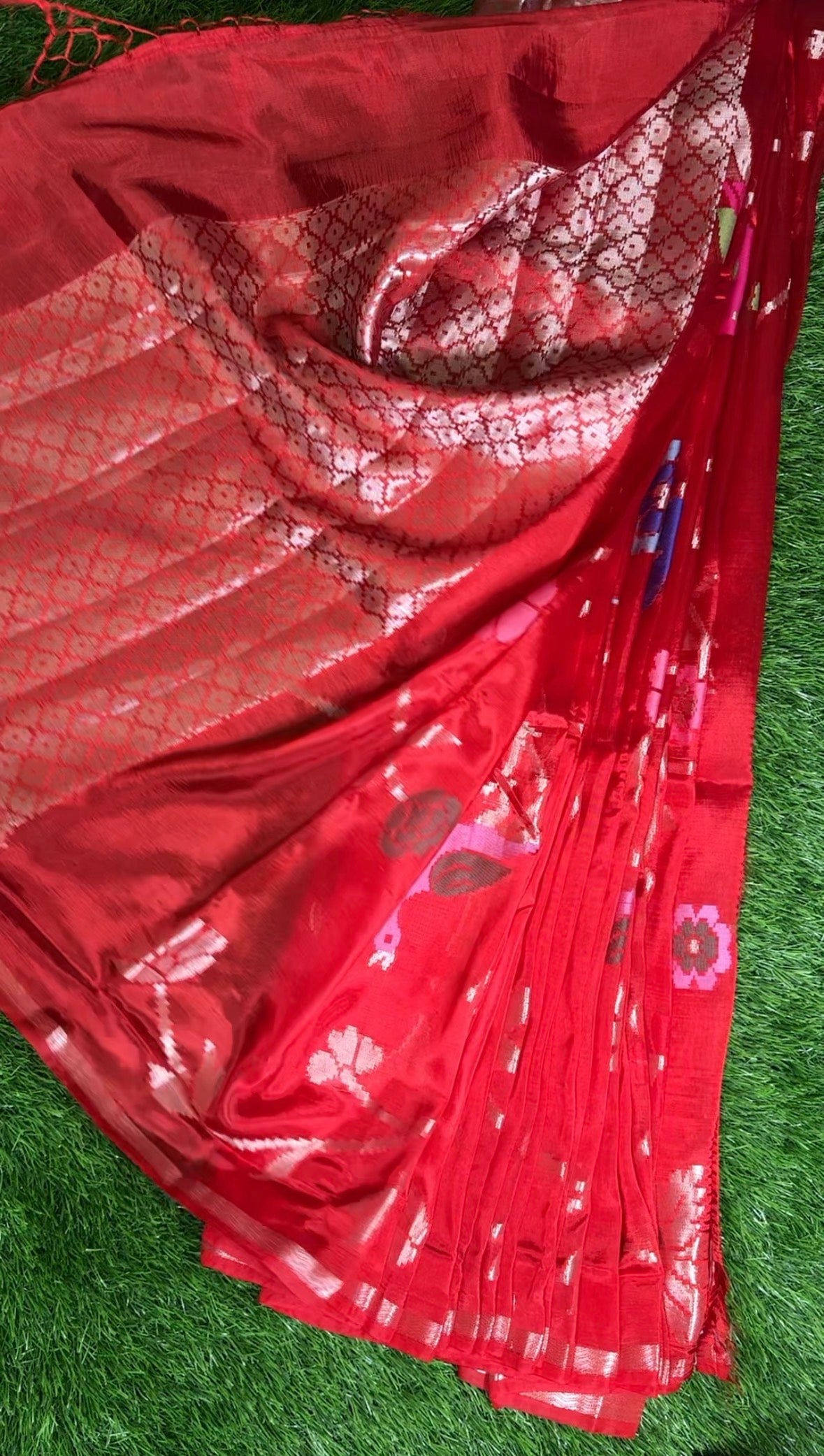 Luminous Tissue Silk Saree with Silver Zari - Red & Dusky Mauve