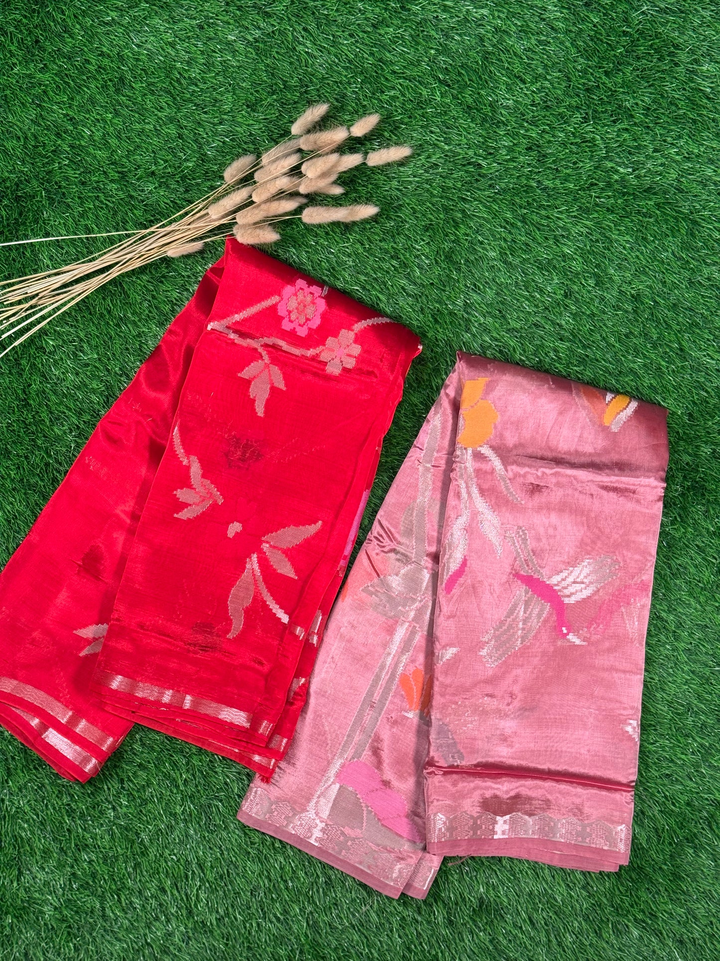 Luminous Tissue Silk Saree with Silver Zari - Red & Dusky Mauve
