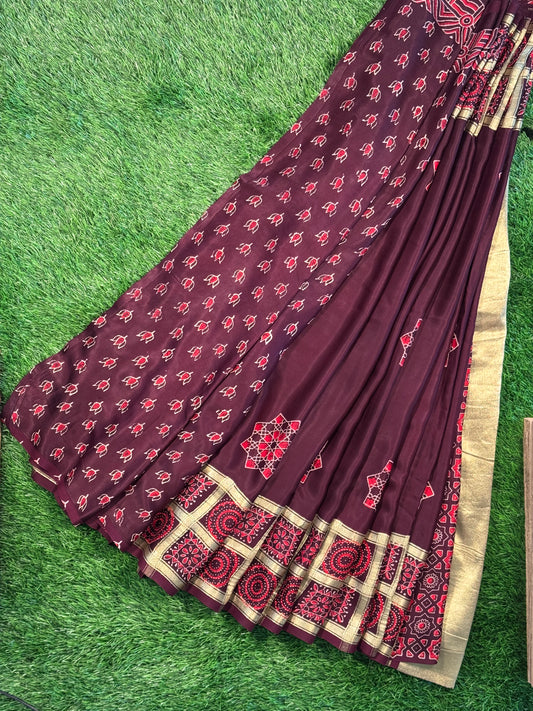 Authentic Gajji Silk Ajrakh Print Saree | Festive & Wedding Wear