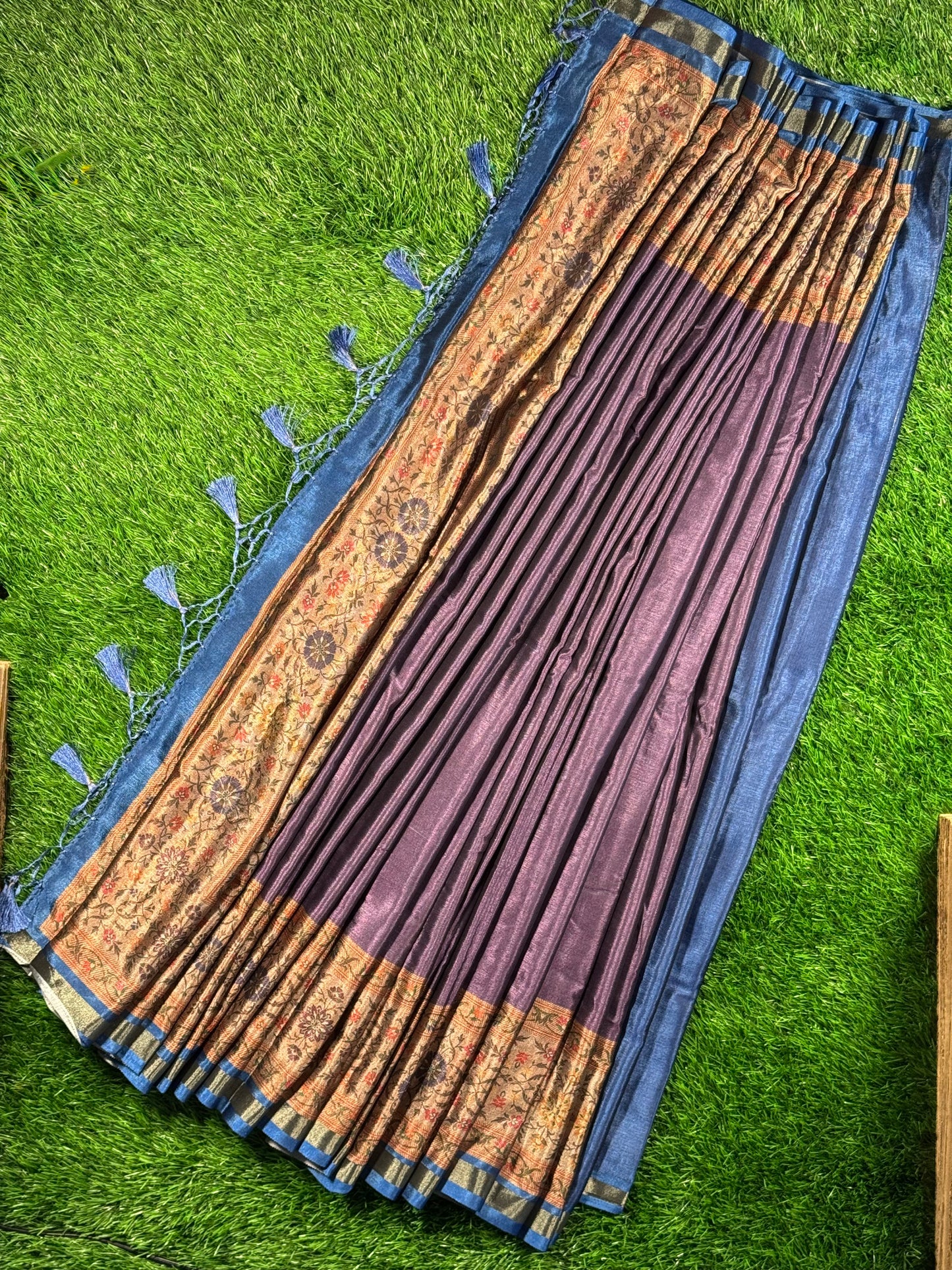 Elegant Deep Purple Viscose Saree with Contrast Blue Floral Border & Tassels
