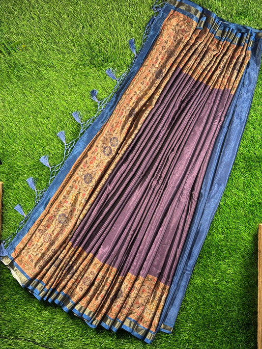 Elegant Deep Purple Viscose Saree with Contrast Blue Floral Border & Tassels