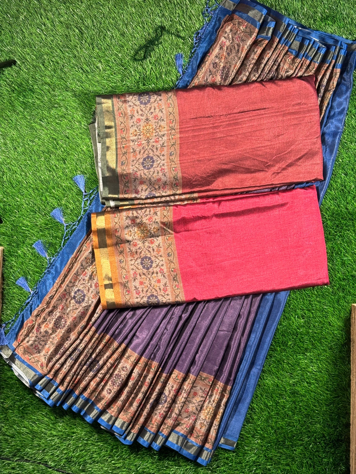 Elegant Deep Purple Viscose Saree with Contrast Blue Floral Border & Tassels