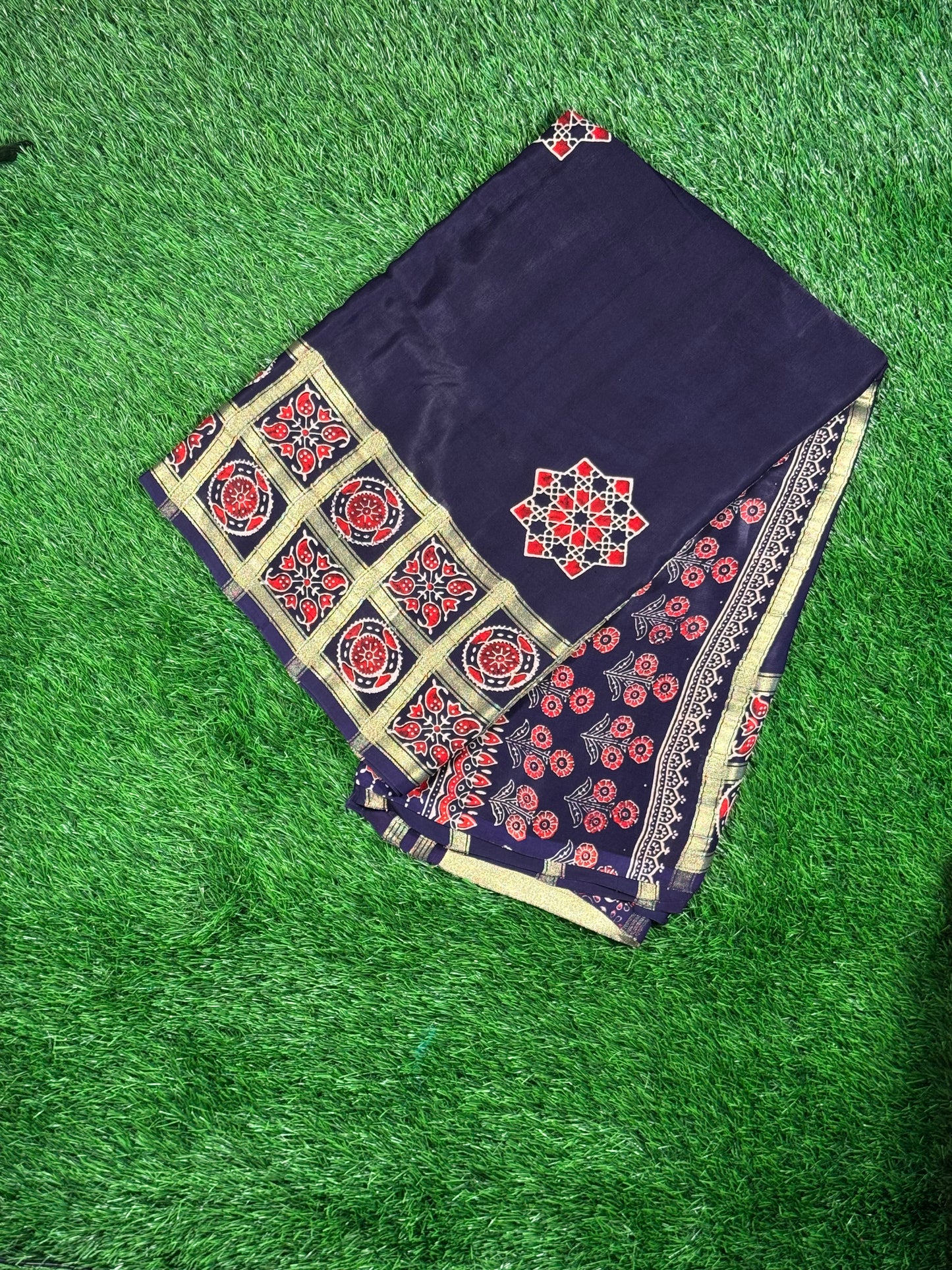 Authentic Gajji Silk Ajrakh Print Saree | Festive & Wedding Wear