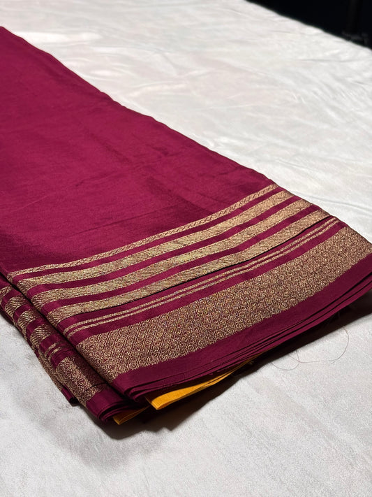 Deep Wine Semi Silk Saree with Contrast Mustard Elephant Motif Blouse