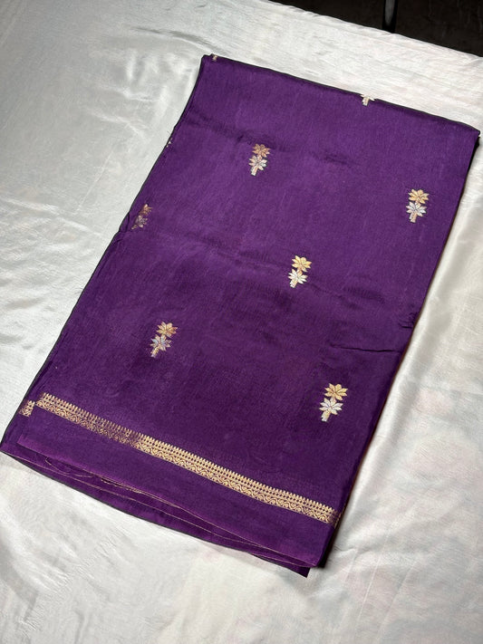 Deep Purple Semi Silk Saree with Gold Zari Floral Buttas & Striped Pallu