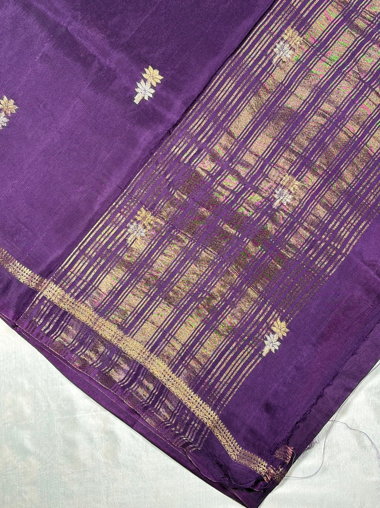 Deep Purple Semi Silk Saree with Gold Zari Floral Buttas & Striped Pallu