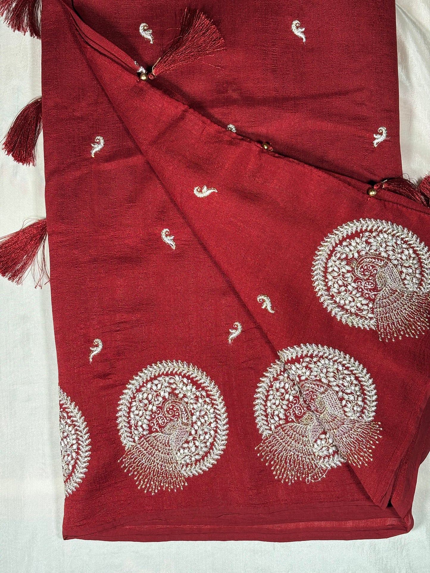 Premium Cotton Silk Chakra Peacock Saree Collection – Maroon, Wine & Olive