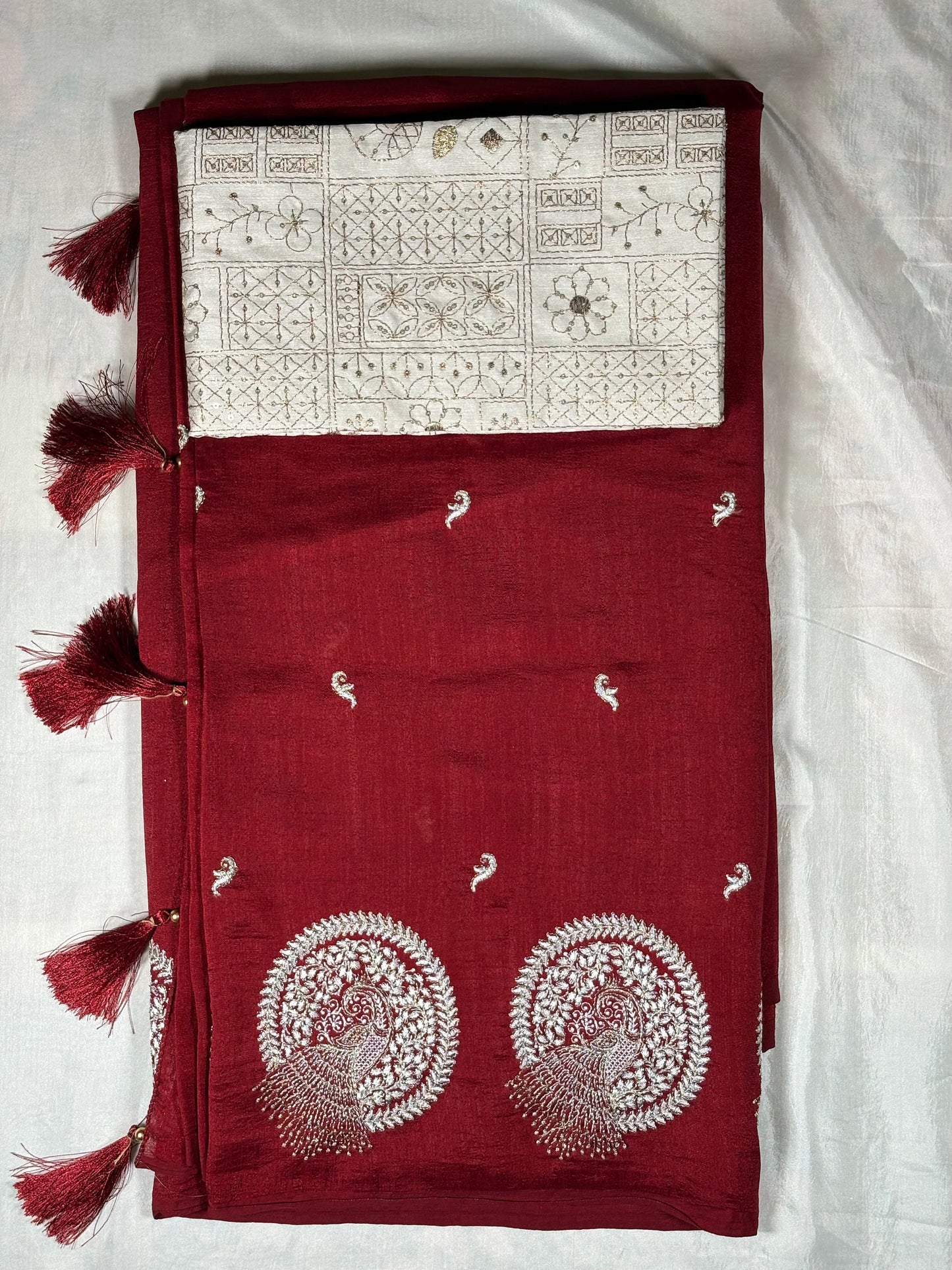 Premium Cotton Silk Chakra Peacock Saree Collection – Maroon, Wine & Olive
