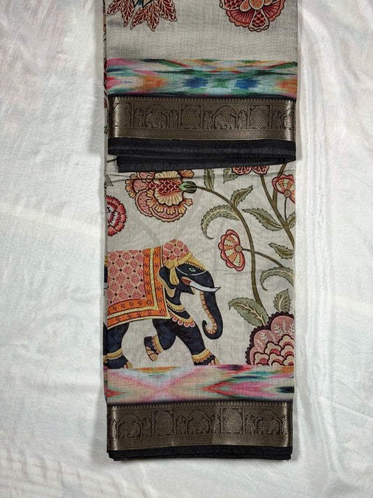 Elegant Black & Cream Cotton Silk Saree with Kalamkari Elephant Print & Zari Border