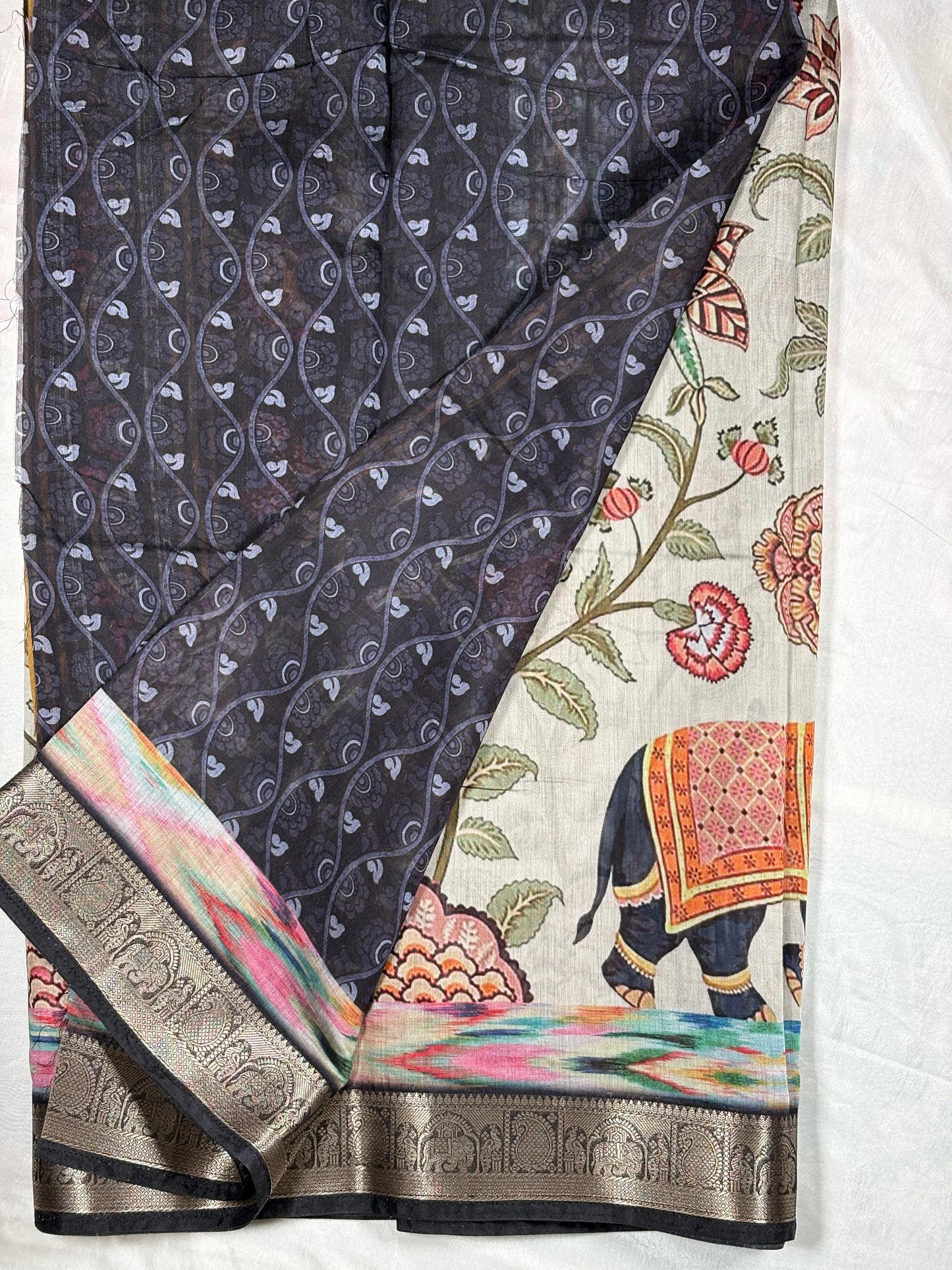 Elegant Black & Cream Cotton Silk Saree with Kalamkari Elephant Print & Zari Border