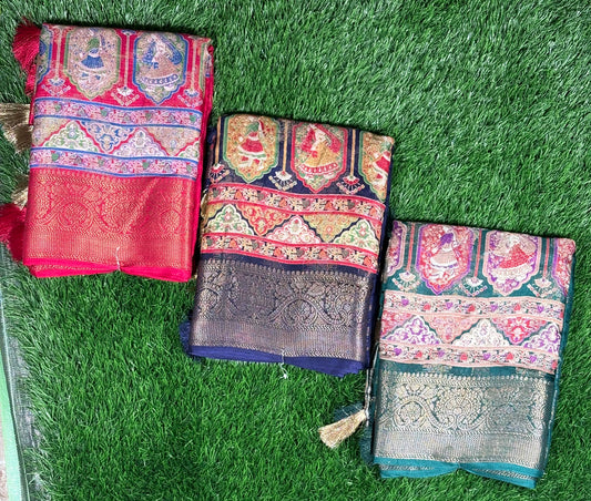 Traditional Kalamkari Figure Border Saree with Zari – Available in 3 Colors