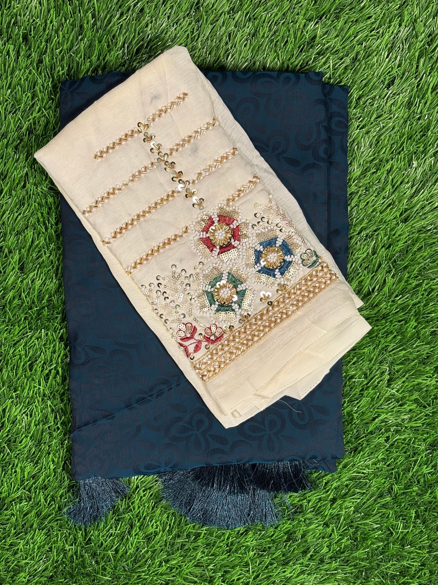 Premium Brasso Fancy Design Saree with Heavy Handwork Designer Blouse - [Color: Teal Blue / Wine Red / Deep Red]