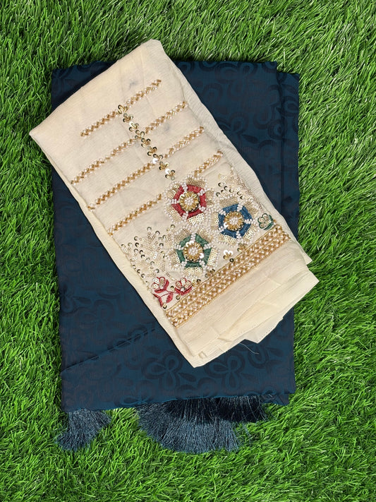 Premium Brasso Fancy Design Saree with Heavy Handwork Designer Blouse - [Color: Teal Blue / Wine Red / Deep Red]