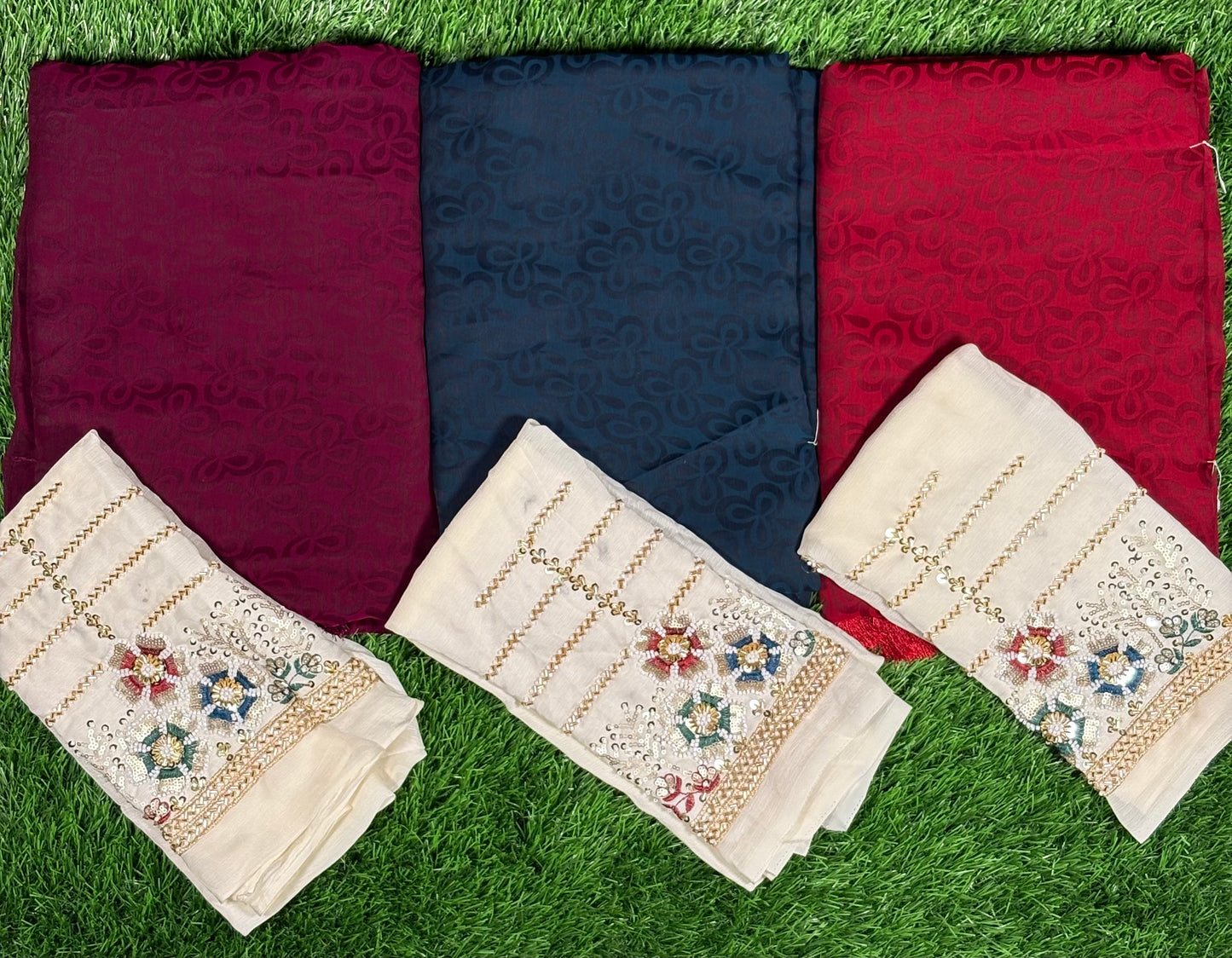 Premium Brasso Fancy Design Saree with Heavy Handwork Designer Blouse - [Color: Teal Blue / Wine Red / Deep Red]