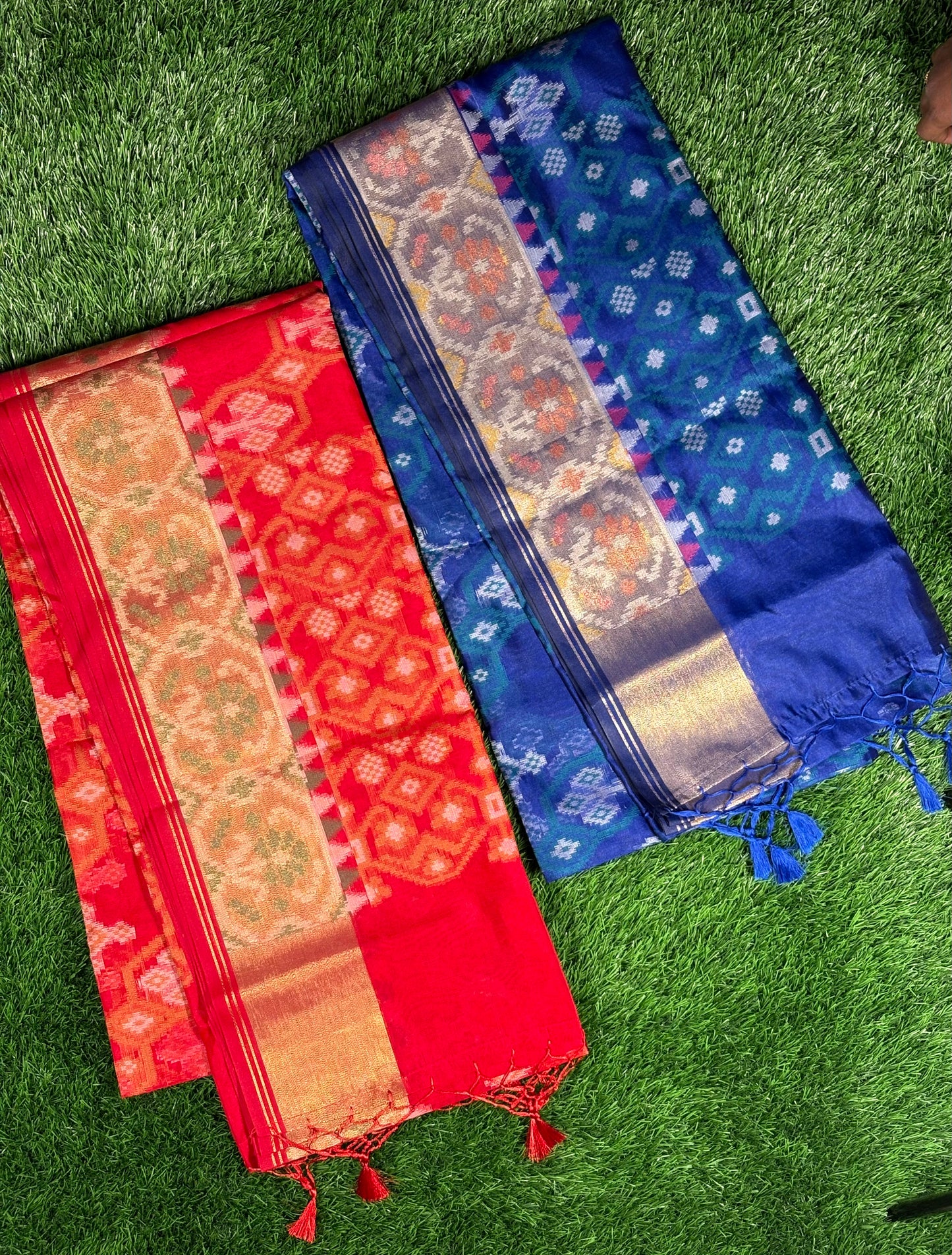 Traditional Pochampally Ikat Silk Saree with Rich Zari Pallu - [Color: Royal Blue / Tomato Red]