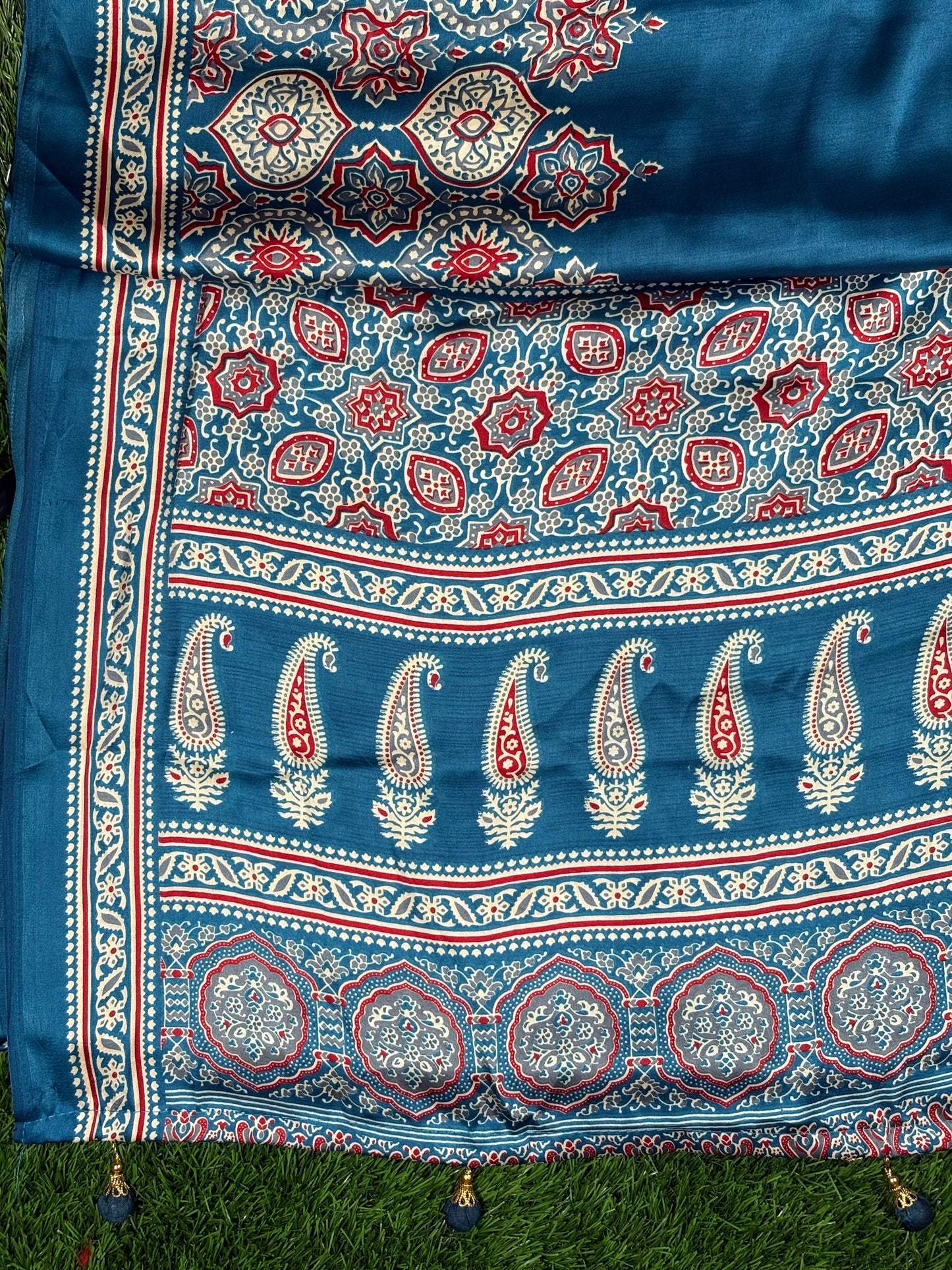 Luxurious Ajrak Silk Saree with Traditional Geometric Print