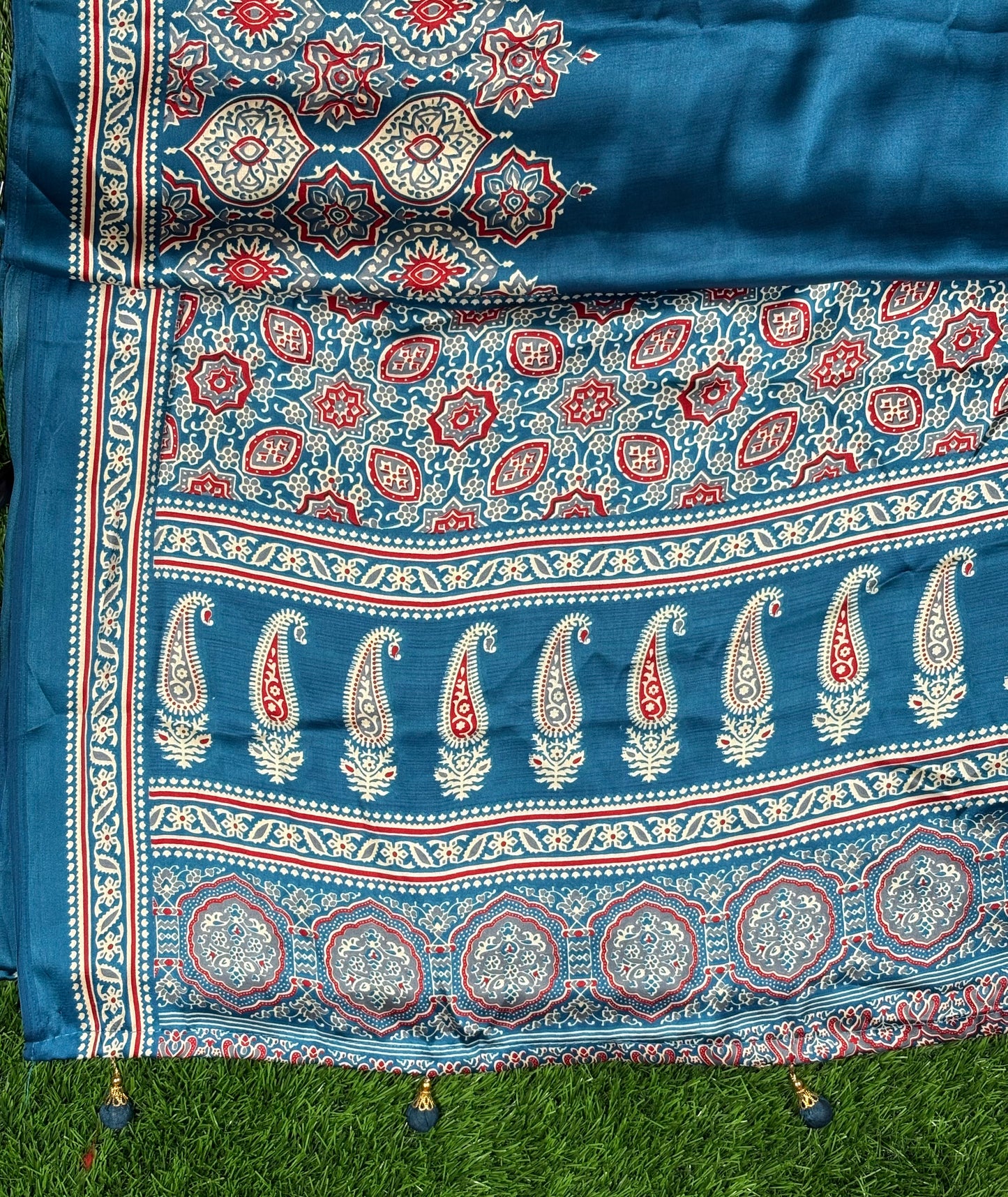 Luxurious Ajrak Silk Saree with Traditional Geometric Print