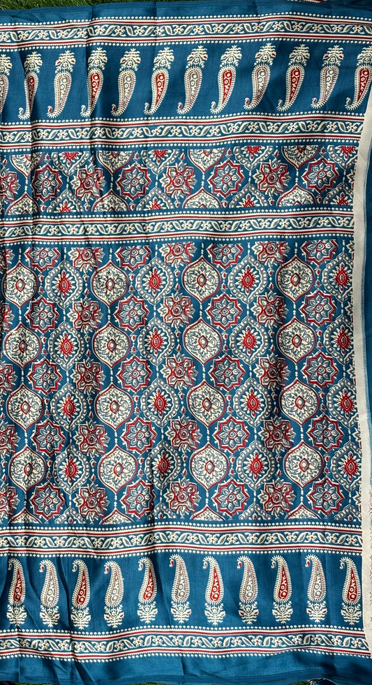 Luxurious Ajrak Silk Saree with Traditional Geometric Print