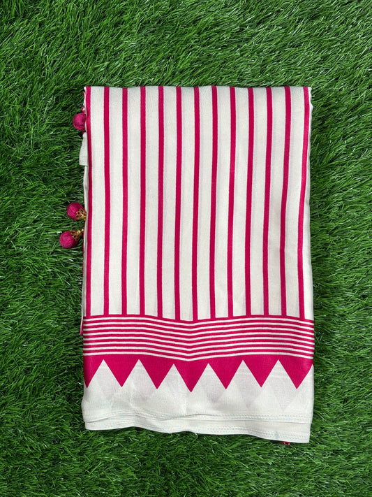 Magenta & White Geometric Print Ajrak Silk Saree with Temple Border
