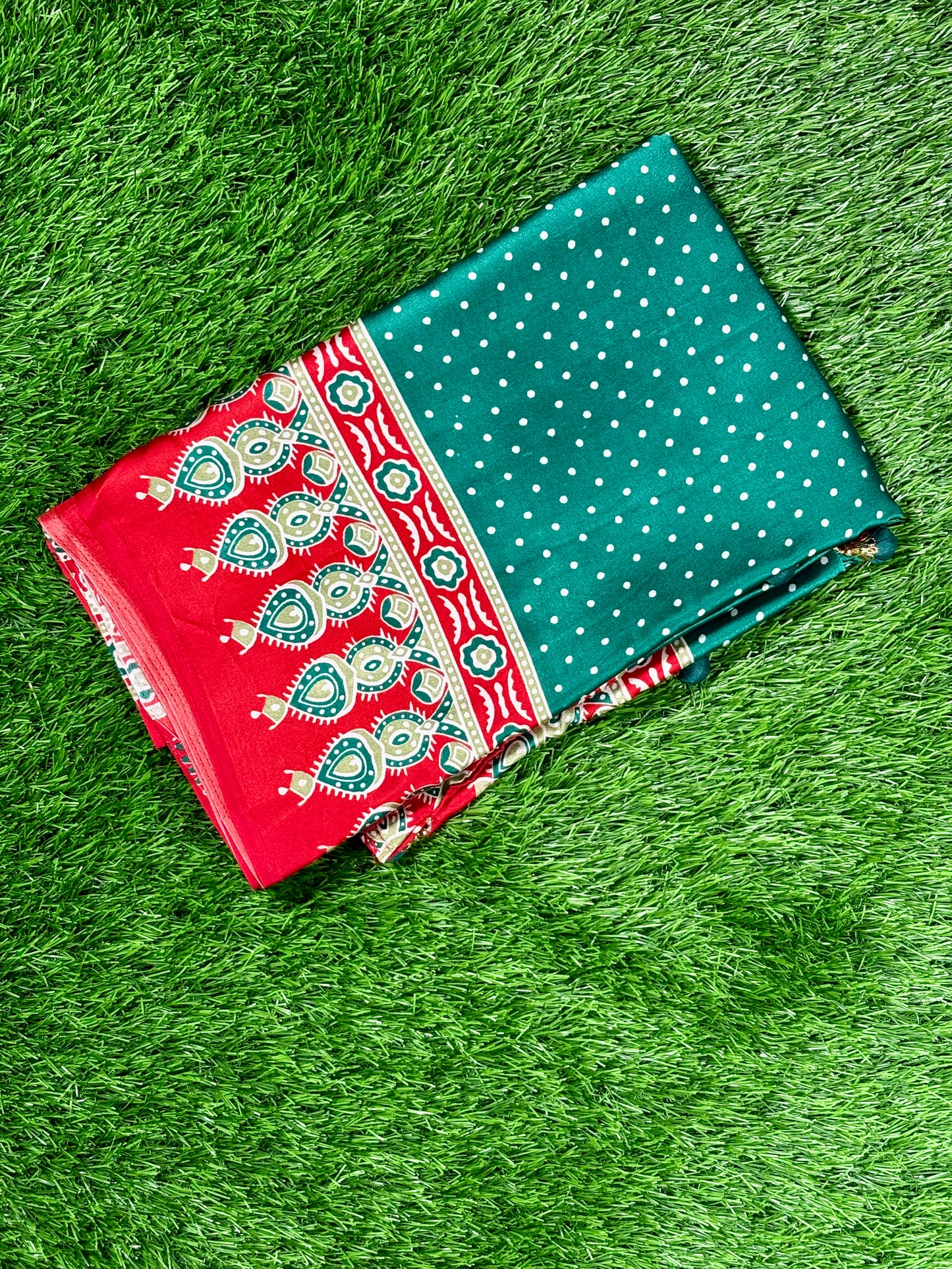 Bottle Green & Red Ajrak Silk Saree with Polka Dots