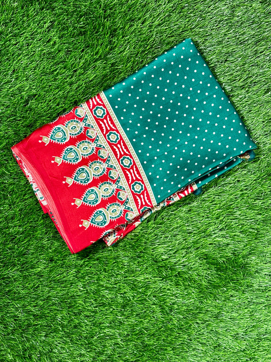 Bottle Green & Red Ajrak Silk Saree with Polka Dots