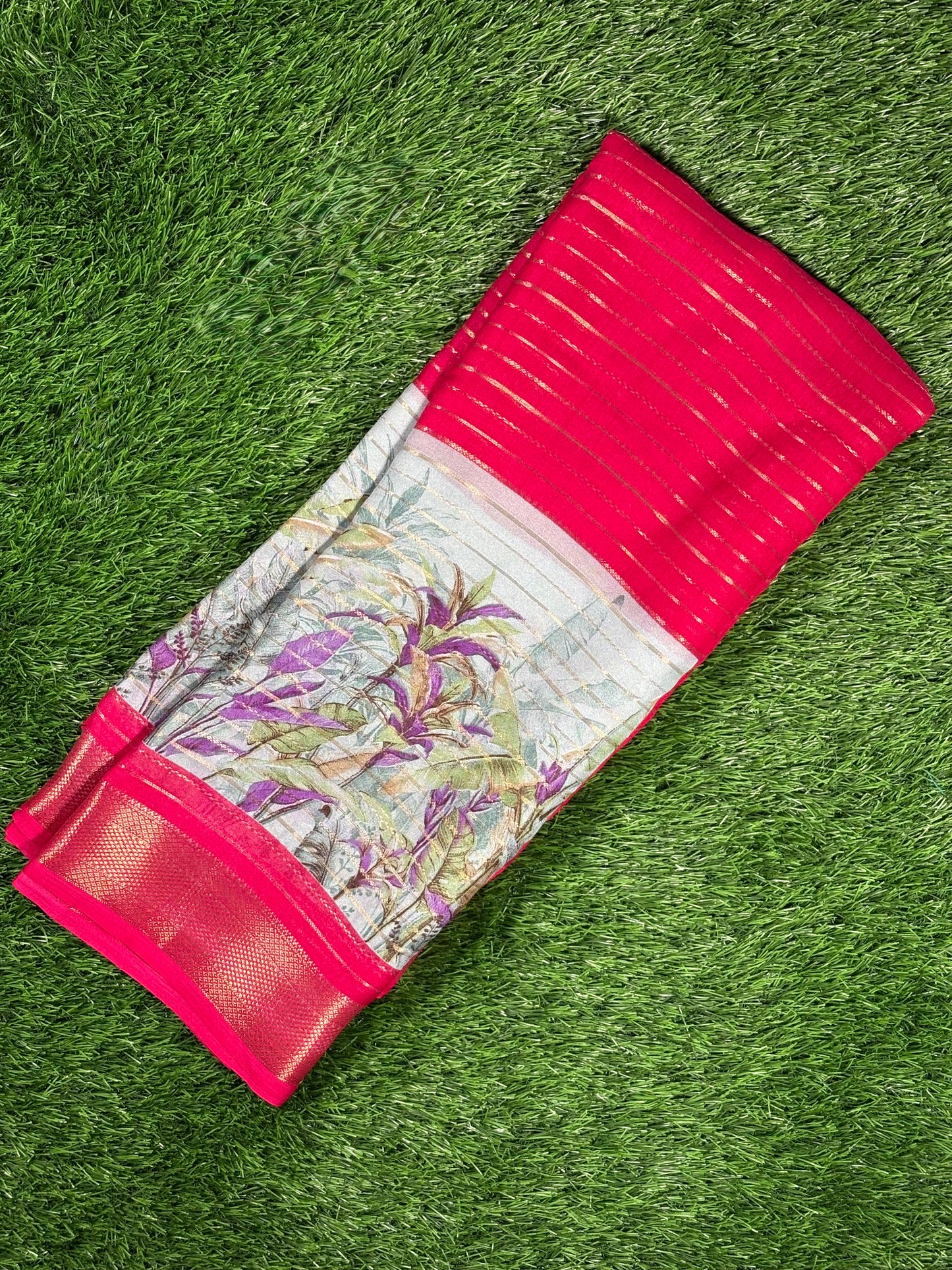 Flowy Chiffon Crape Saree with Gold Zari Stripes & Tropical Print