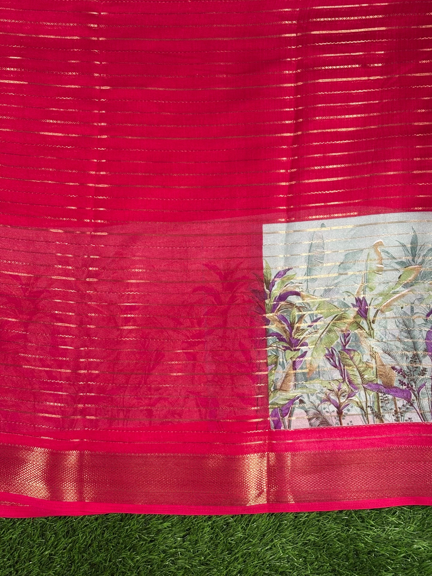 Flowy Chiffon Crape Saree with Gold Zari Stripes & Tropical Print