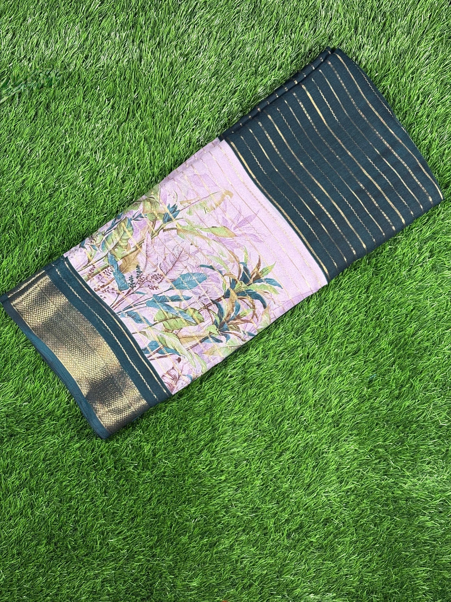 Flowy Chiffon Crape Saree with Gold Zari Stripes & Tropical Print