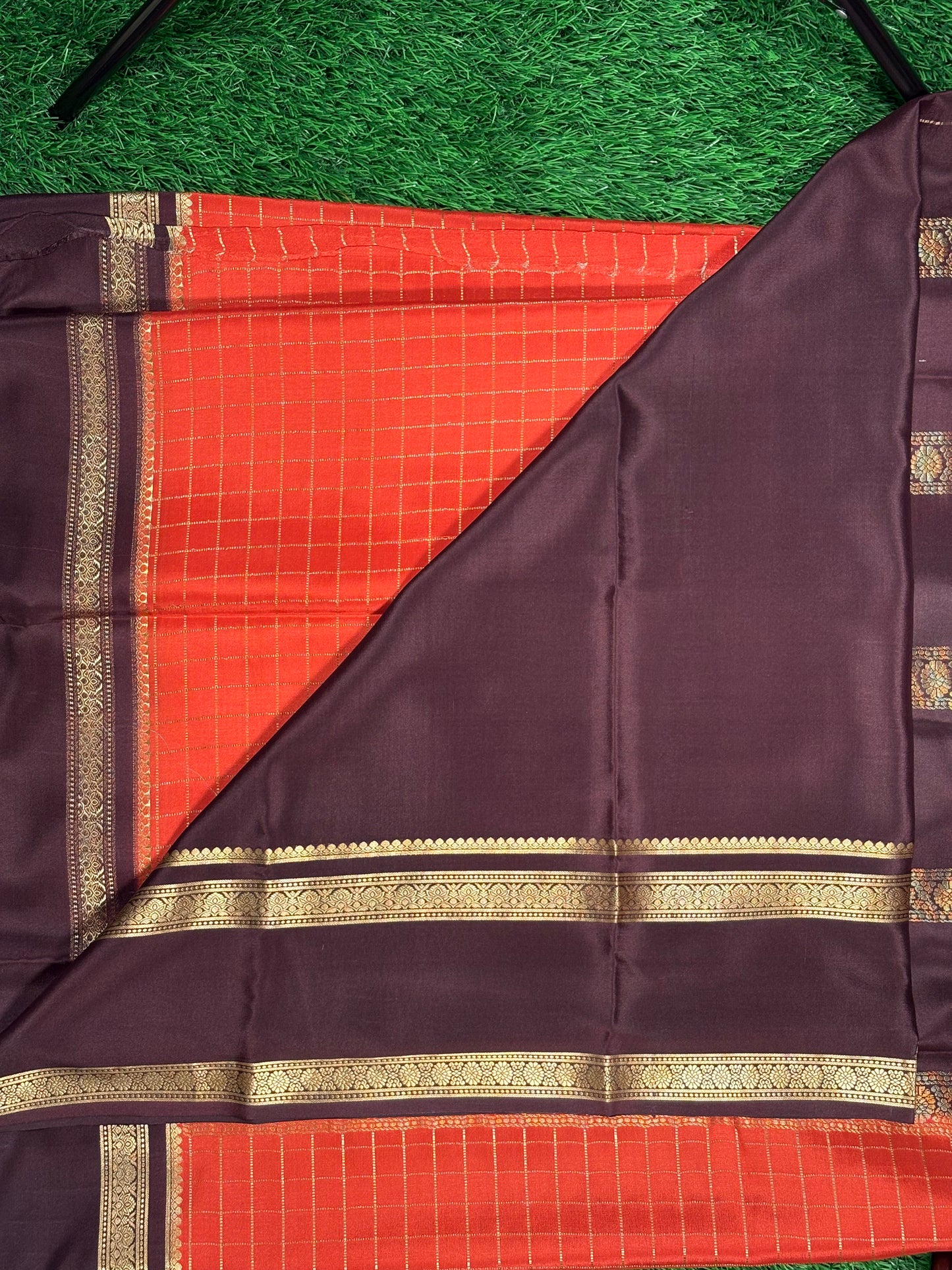 Pure Mysore Silk Saree with Gold Zari Checks & Contrast Border