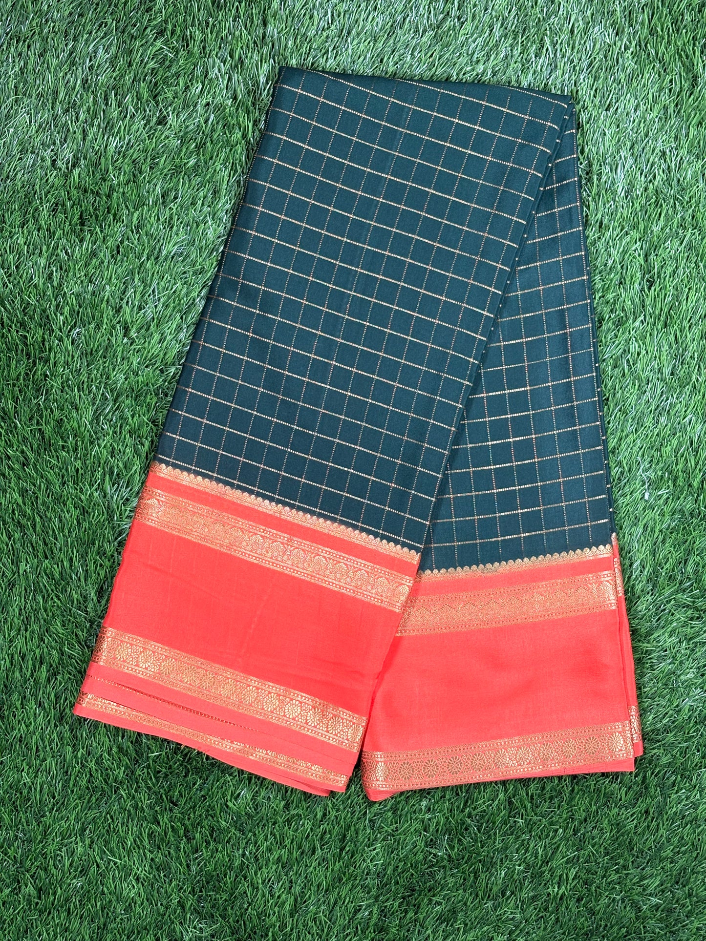 Pure Mysore Silk Saree in Bottle Green & Coral Red with Gold Zari Checks