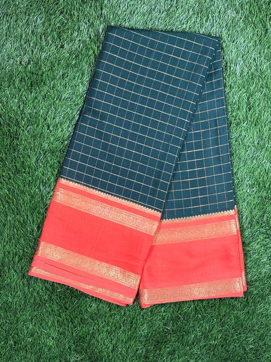 Pure Mysore Silk Saree in Bottle Green & Coral Red with Gold Zari Checks