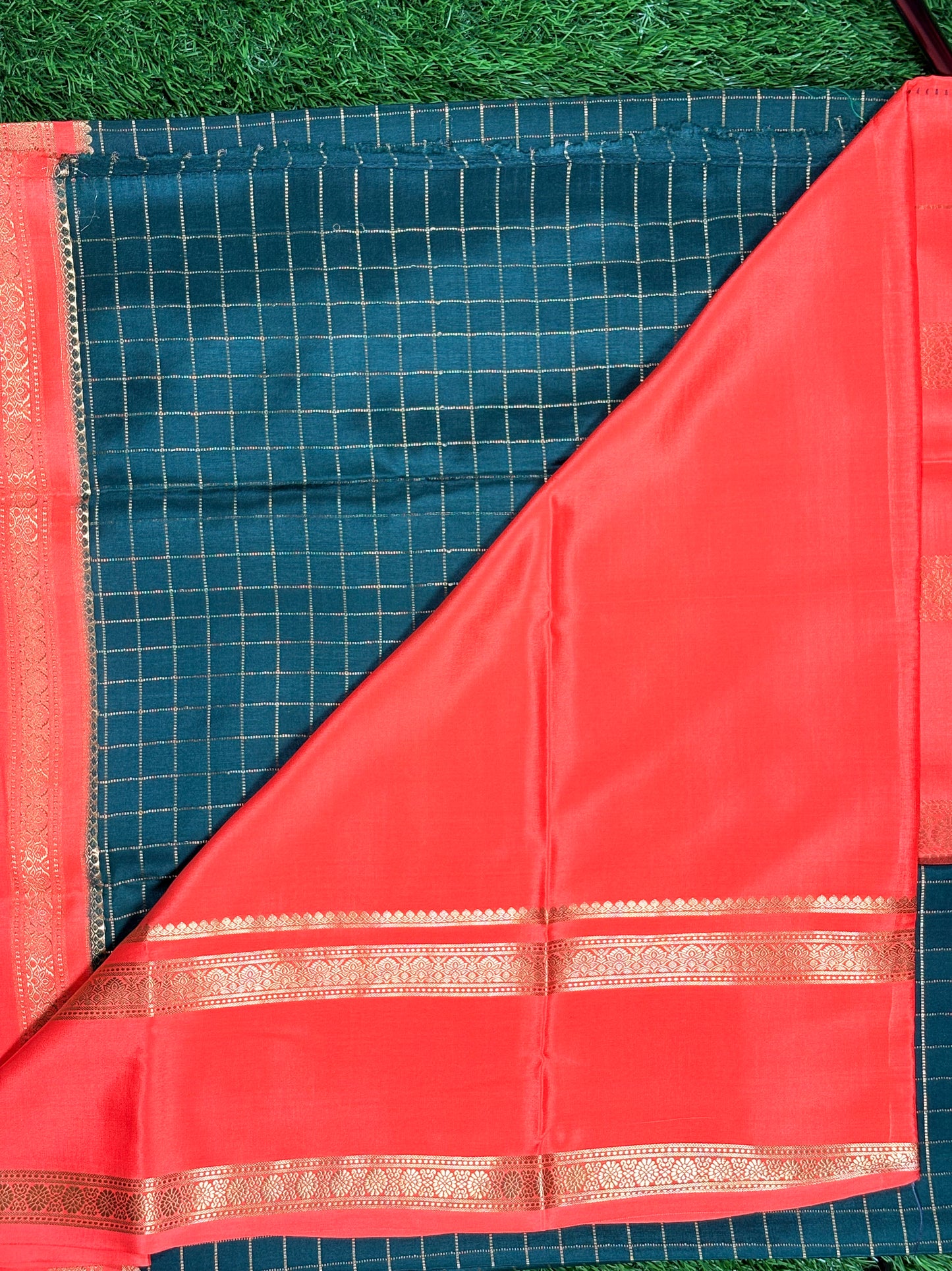 Pure Mysore Silk Saree in Bottle Green & Coral Red with Gold Zari Checks