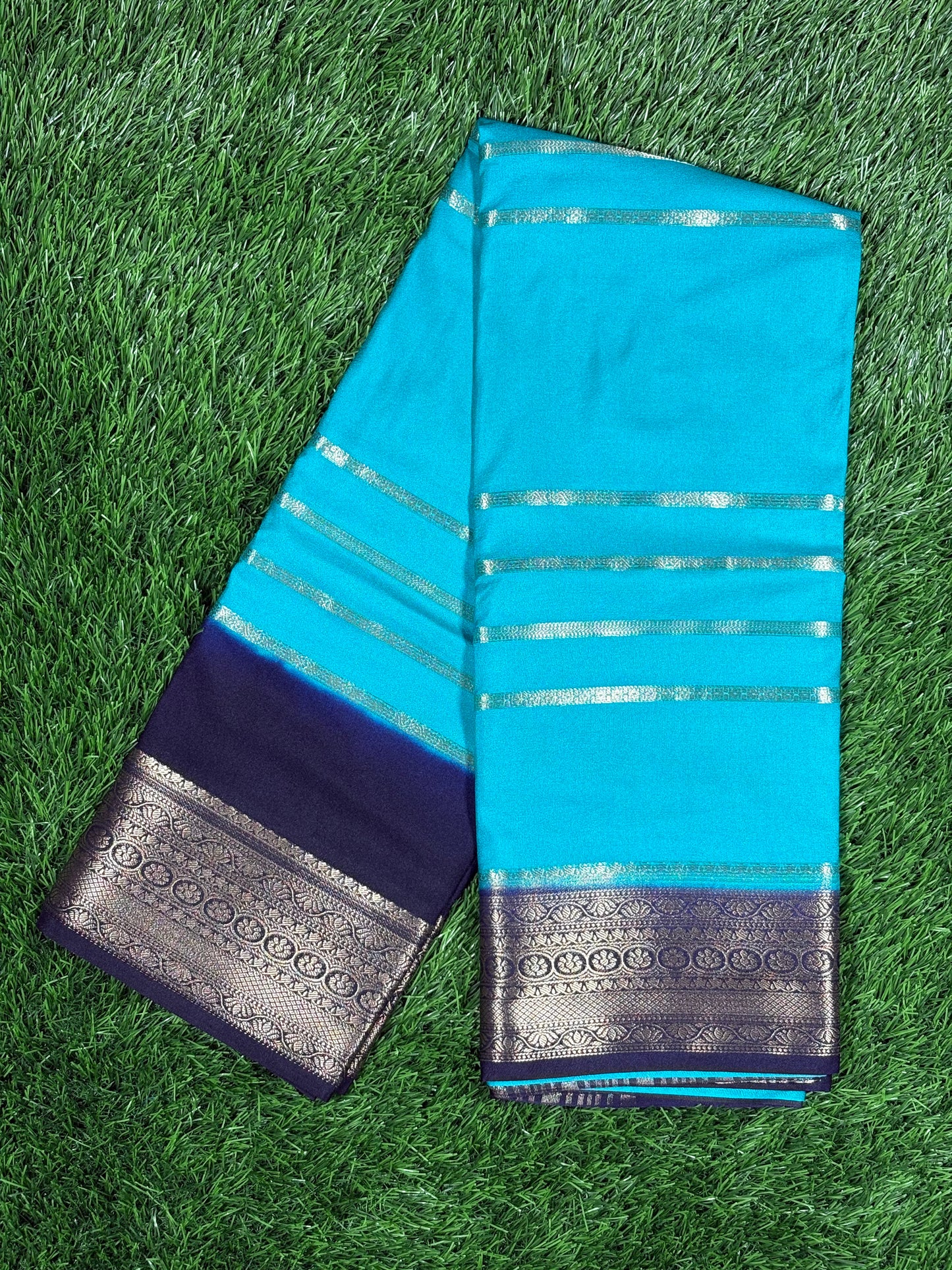 Semi Mysore Silk Saree with Gold Zari Stripes | Sky Blue & Navy Blue