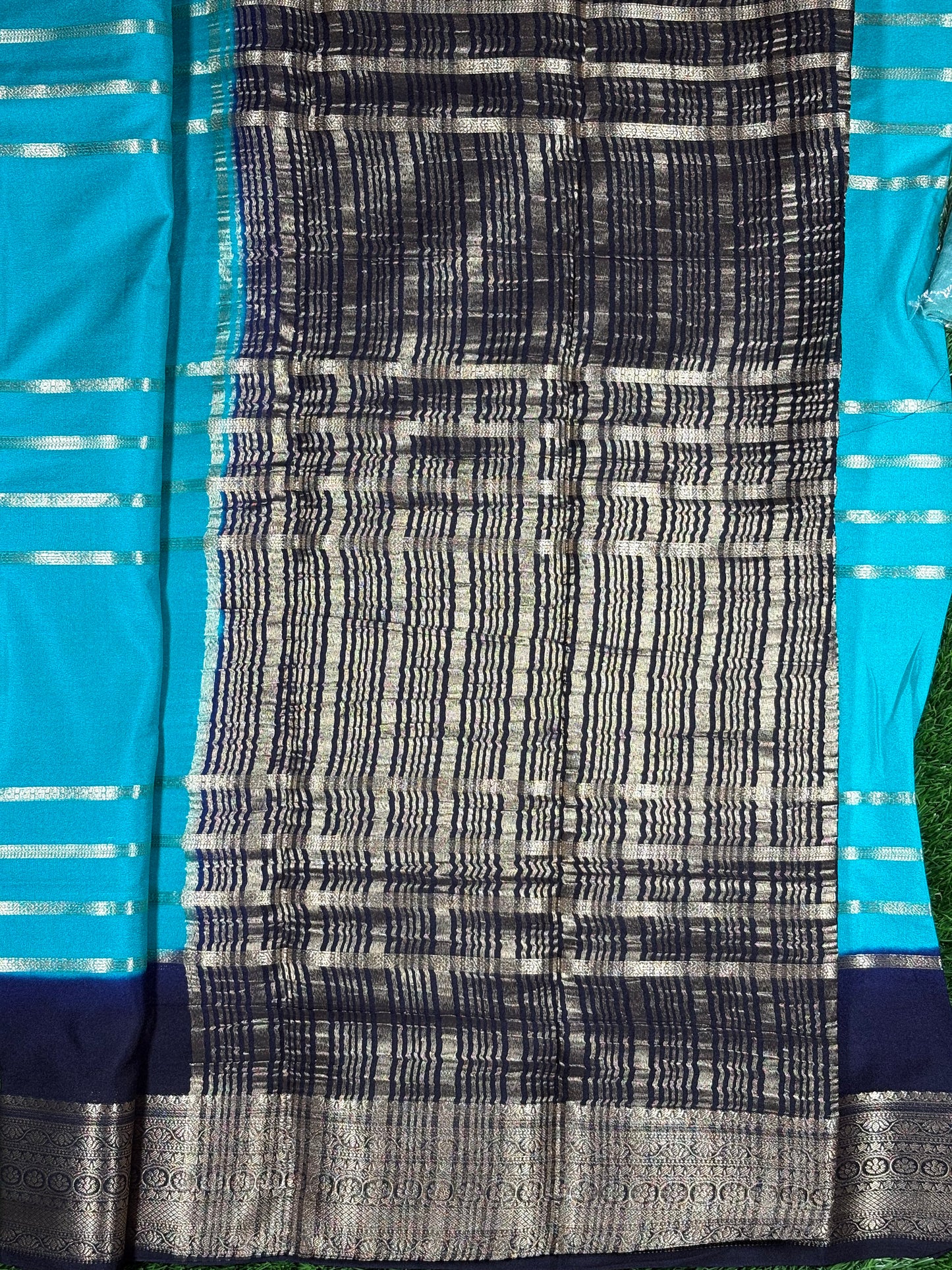 Semi Mysore Silk Saree with Gold Zari Stripes | Sky Blue & Navy Blue