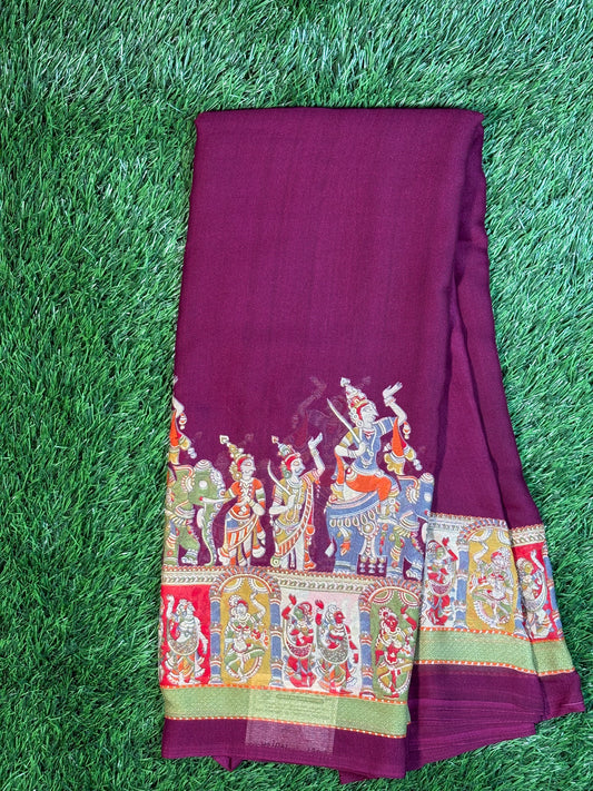 Flowy Chiffon Saree with Mythological Kalamkari Print Border