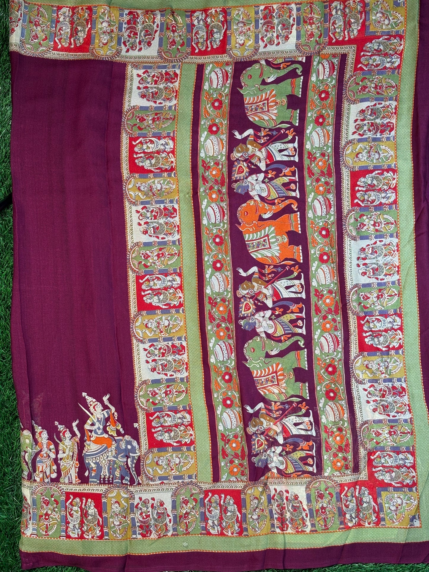 Flowy Chiffon Saree with Mythological Kalamkari Print Border