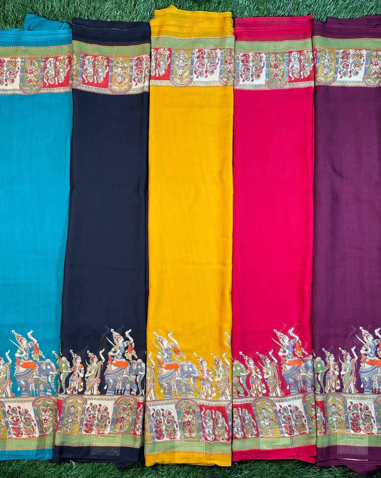Flowy Chiffon Saree with Mythological Kalamkari Print Border