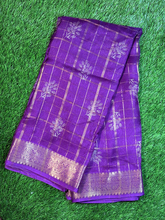 Chiffon Designer Saree in Deep Purple with Zari Checks & Floral Buttas