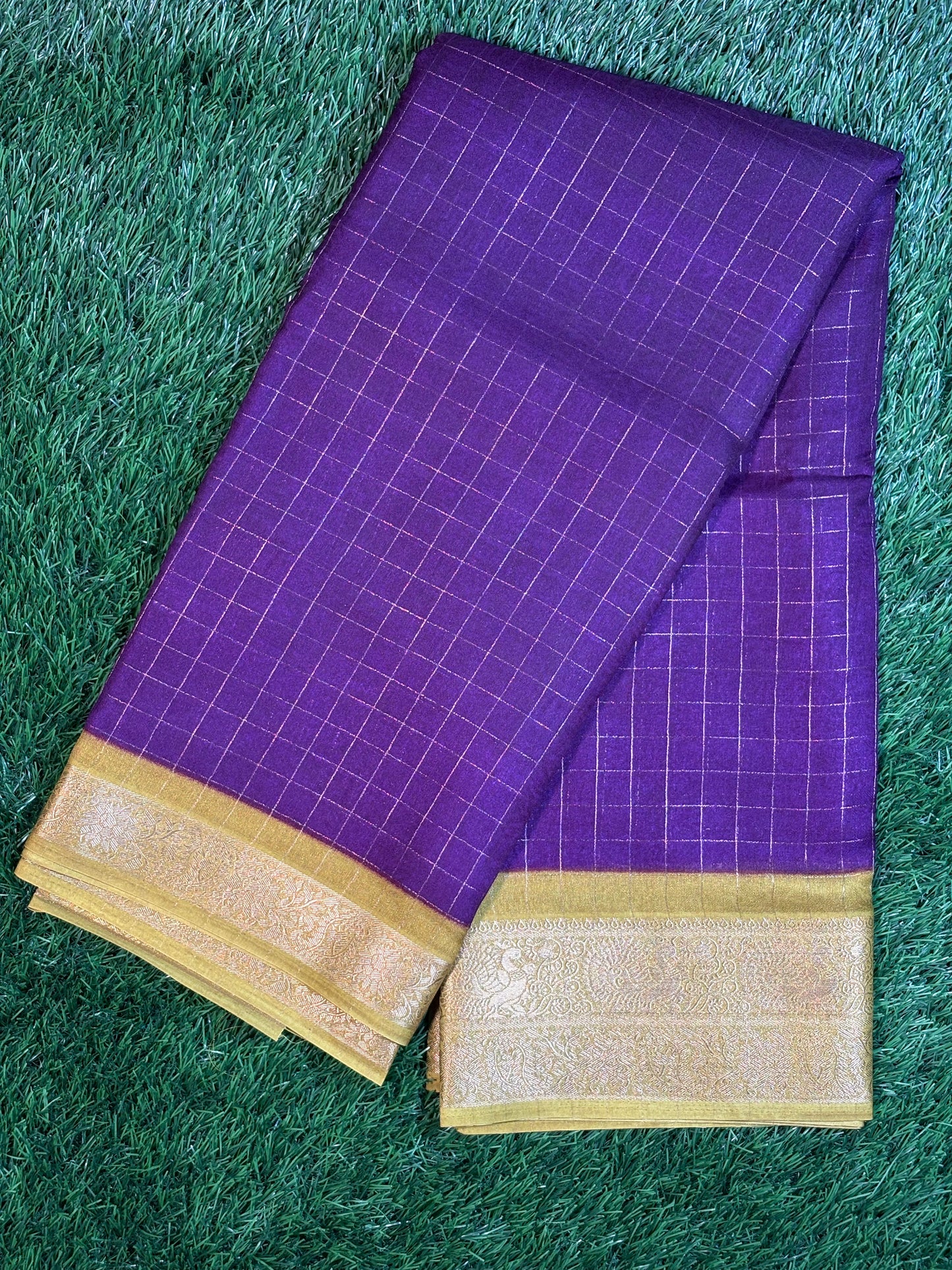 Purple Crepe designer Saree with Gold Zari Checks & Peacock Border