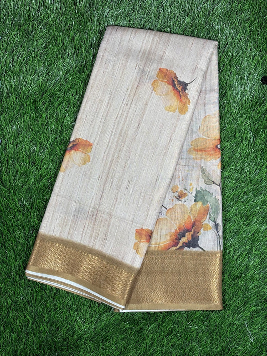 Designer Saree in Beige & Yellow with Digital Floral Print & Antique Zari Border